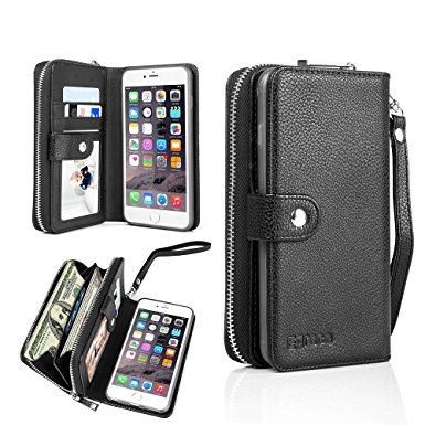 iPhone 6S Wallet Case, Egrace Magnetic Detachable Removable Wallet Zipper PU Leather Case with Strap and Credit Card Slot for iPhone 6/6S