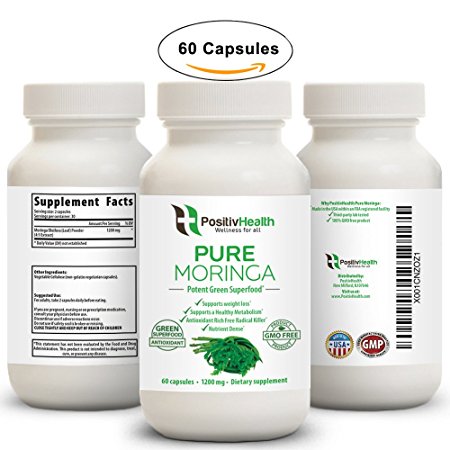 PositivHealth Pure Moringa Oleifera Leaf Powder Dietary Supplement 60 Capsules | Antioxidant & Nutritious Green Superfood For Men & Women | Support Brain Health, Boost Metabolism & Improve Digestion