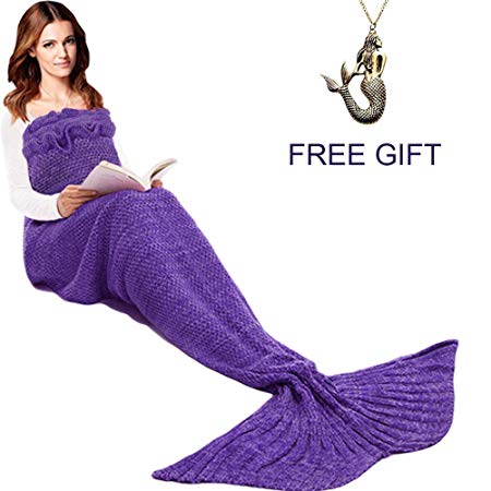 JR.WHITE Mermaid Tail Blanket for Kids and Adults, Hand Crochet Snuggle Mermaid, All Seasons Seatail Sleeping Bag Blanket (Dark Purple)