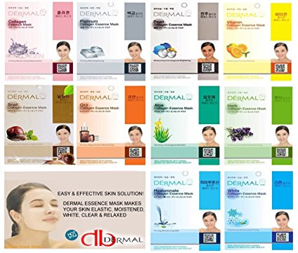 Dermal Korea Collagen Essence Full Face Facial Mask Sheet - Combo Pack (10 Pack) …
