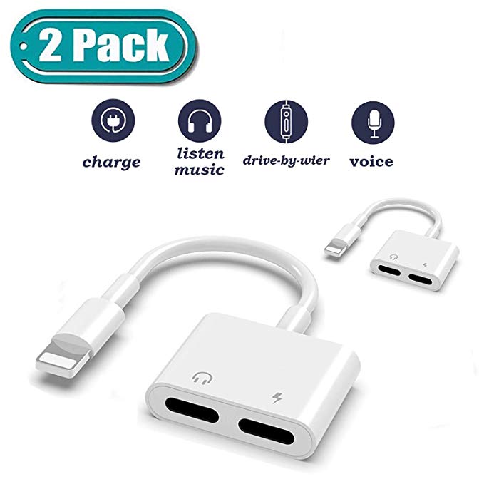 【2 Pack】Headphone Adapter for iPhone,Earphone Adapter Charger & Audio Adapters Cable 4 in 1 for iPhone 11/11Pro/11Pro Max/XR/Xs/Xs Max/X/8/8Plus 7/7Plus,Audio Charge Volume Control,Support iOS System