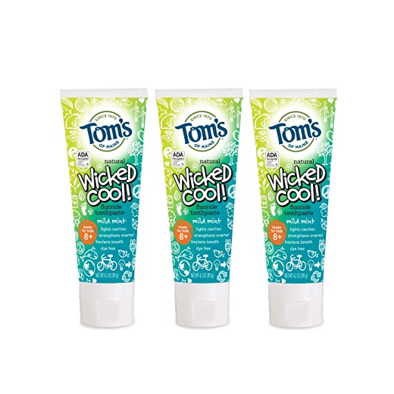 Tom's of Maine Natural Fluoride Wicked Cool! Children's Toothpaste, Natural Toothpaste, Kids Toothpaste, Mild Mint, 4.2 Ounce, 3-Pack