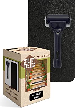 Steady Treads - Set of PVC-Free, Non-Slip Adhesive Stair Treads and Handy Installation Roller (15qty - 4" X 24"   Roller, Black)