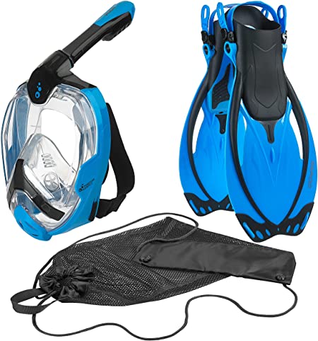 Phantom Aquatics Adult 180° Panoramic View Full Face Snorkel Mask, Adjustable Snorkeling Fins, Snorkel Set | Careta De Buceo, Aletas De Buceo | Premium Snorkeling Gear for Adults