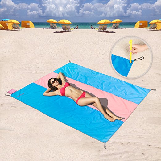 Pocket Blankets,Compact Picnic / Beach Blanket - XL Extra Large (83 x 83 Inches) for 4 - 6 people with 6 Ground Stakes