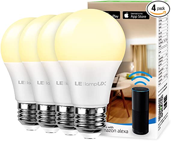 Smart LED Light Bulbs, Works with Alexa and Google Home, 60 Watt Equivalent, Dimmable with App, Warm White 2700K, No Hub Required, A19 E26, 2.4GHz WiFi, Pack of 4