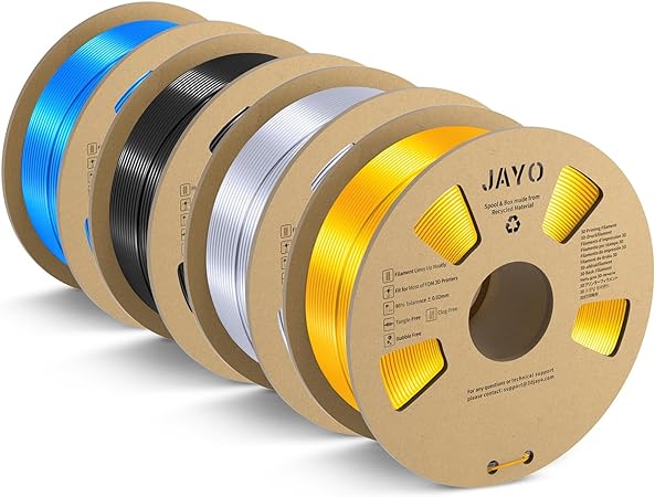 3D Printer Silk Filament Bundle, JAYO Silk PLA Filament 1.75mm, Dimensional Accuracy  /- 0.02mm, Neatly Wound Filament, 4 Pack, Silk Filament 4.4KG in Total, Black Silver Light Gold Blue