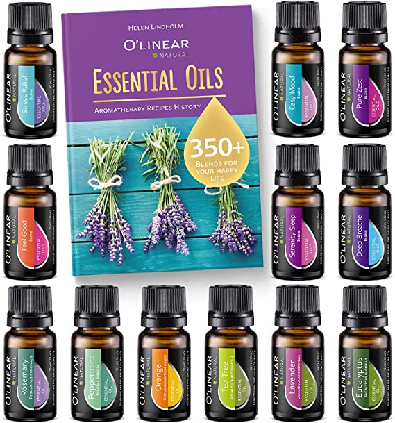 Top Essential Oils Set and Essential Oils Blends - Top 12/0.33oz (10ml) Essential Oils and Blends for Diffuser, Humidifier, Massage and Soul - Perfect Starter Kit Gift - Book & Life Recipes