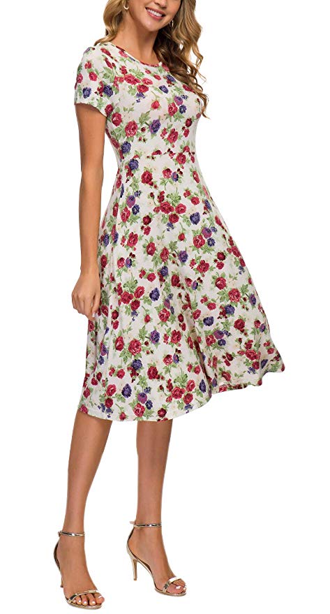 Urban CoCo Women's Floral Print Short Sleeve Flared Midi Dress