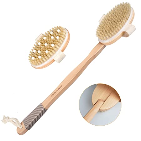 Shower Brush, POPCHOSE Detachable Long Handle Dry Brushing Body Brush Set Back Scrubber Bath Brush- Dual Brush Heads, Gentle Massage Nodes- Remove Dead Skin, Eliminate Cellulite, Enhance Circulation