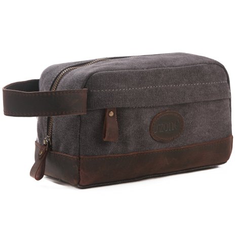 S-ZONE Vintage Leather Trim Canvas Toiletry Bag Shaving Dopp Case Cosmetic Makeup Bag