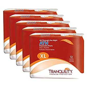 Tranquility ATN Adult Disposable Briefs with All-Through-The-Night Protection, XL (56"-64") - 60 ct (Pack of 5)