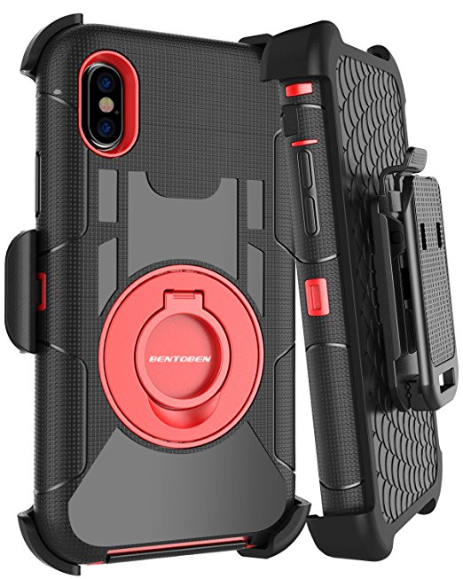 iPhone X Case, iPhone X Case Holster Belt Clip, BENTOBEN Support Wireless Charging Heavy Duty Shockproof Kickstand Full Body Cover Rugged Hybrid Protective Phone Cases for iPhone X/ 10 2017, Black/Red