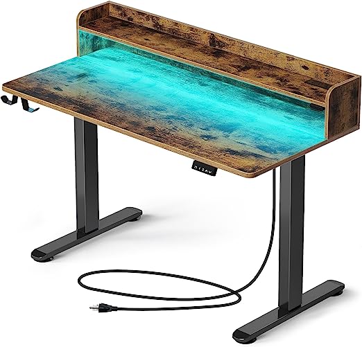 Rolanstar Standing Desk with LED Lights & Charging Station, 55" Height Adjustable Desk with Monitor Stand, Electric Gaming Desk with 2 Headphone Hooks, Sit Stand Home Office Desk, Rustic Brown