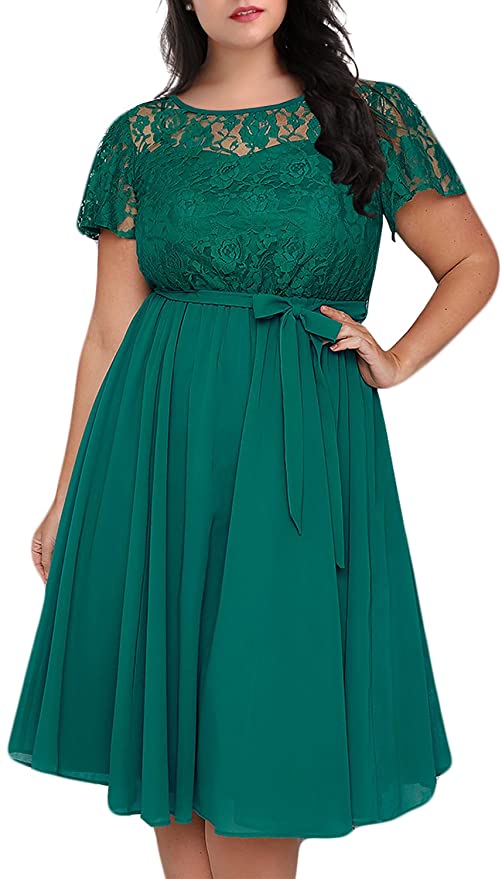 Nemidor Women's Scooped Neckline Floral lace Top Plus Size Cocktail Party Midi Dress