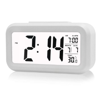Digital Alarm Clock Battery Operated, Samshow Bedroom Clock with Date, Temperature, Large Display, Repeating Snooze, Progressively Louder Wakey Alarm, Sensor Backlit (White)