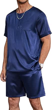 Ekouaer Men Satin Pajamas Set 2 Piece Silk Sleepwear Shorts Button Down Tops Loungewear with Pockets