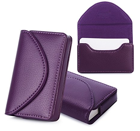 Business Card Holder, Business Card Case, Fyy 100% Handmade Premium PU Leather Business Name Card Case Universal Card Holder with Magnetic Closure (Hold 30 pics of cards) Purple