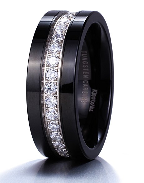 King Will Mens 8mm Black Polished Finish Tungsten Carbide Ring Cubic Zircon Stones Circle Wedding Band