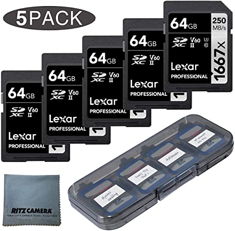 Lexar Professional 1667x 64GB SD XC V60 U3 Class 10 Memory Card 5-Pack (250 mb/s)