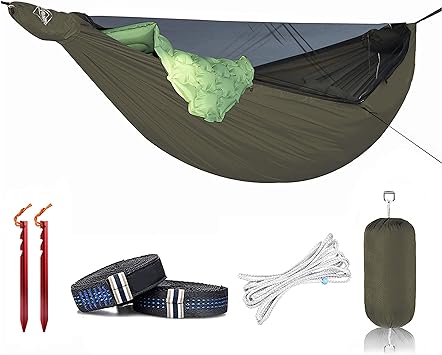 Onewind 11ft Zipper Hammock with Mosquito Net for Camping, Portable Double-Layer Northers Hammock with Adjustable Ridgeline for Camping, Hiking and Backpacking, OD Green, Sleeping Pad Not Included