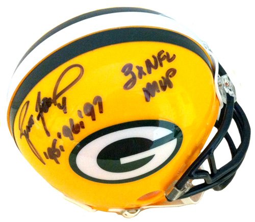 Brett Favre Autographed/Signed Green Bay Packers Riddell Mini Helmet with "95, 96, 97 3x NFL MVP" Inscription