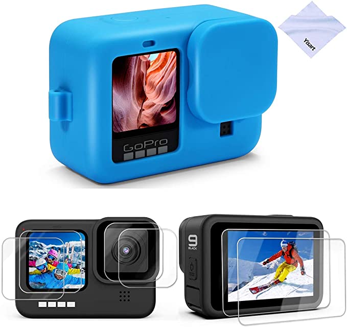 Yisau Case for GoPro Hero 9 Black with Screen Protector & Lens Protector KIT, Includes Silicone Lens Cap & HD Tempered Glass Front & Rear Protective Film&Lens Protector Gopro 9 Accessories (Blue)