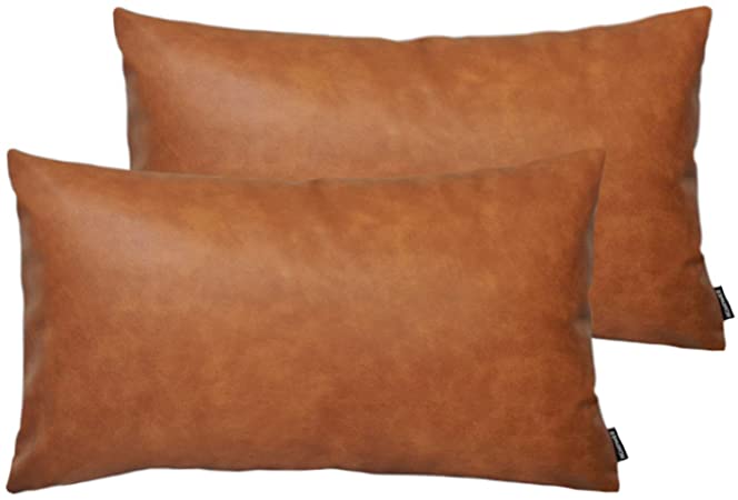 HOMFINER Faux Leather Lumbar Throw Pillow Covers for Couch Bed Sofa Decorative, 12x20 Set of 2 Thick Modern Farmhouse Boho Small Long Accent Rectangle Scandinavian Decor Cushion Cases Cognac Brown