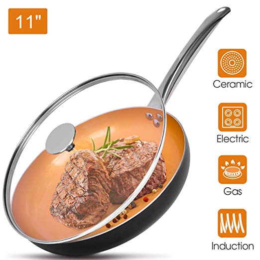 11" Frying Pan with Lid, Ultra Nonstick Small Frying Pan with Ceramic Titanium Coating, Copper Frying Pan With Lid, Nonstick 11 Inch Skillet with Lid, Induction Compatible