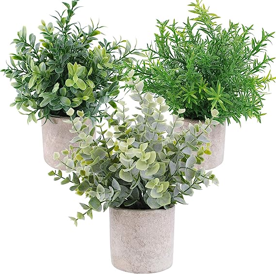 OUTLEE 3 Pack Mini Artificial Potted Plants Faux Eucalyptus Plants Boxwood Rosemary Greenery in Pots Small Houseplants for Home Decor Office Desk Shower Room Decoration