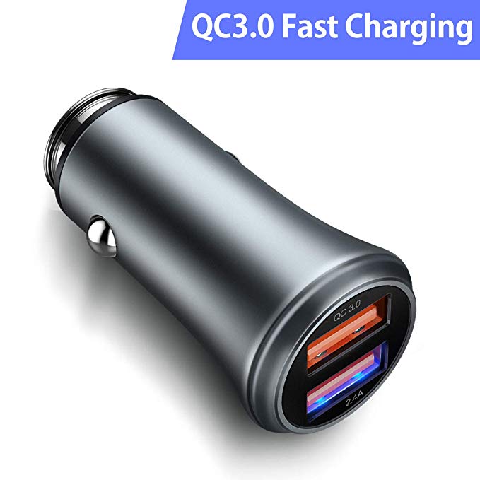 Car Charger Adapter, Quick Charge 3.0 Fast Car Charger Aluminum Dual USB Port Car Charger Compatible Samsung Galaxy Note 9/ S9/ S8/ S8 Plus/ S7/ S6, iPhone x/ 8/7/ 6s/ Plus, iPad Air 2/Mini 3 (Gray)