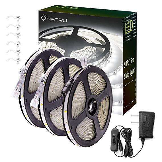 Onforu 50ft/15m Waterproof LED Strip Lights Kit, 6000K Cool White, 12V Flexible LED Rope with 450 SMD 2835 LEDs, UL Listed Power Supply with Switch, IP65 Waterproof for Indoors and Outdoors