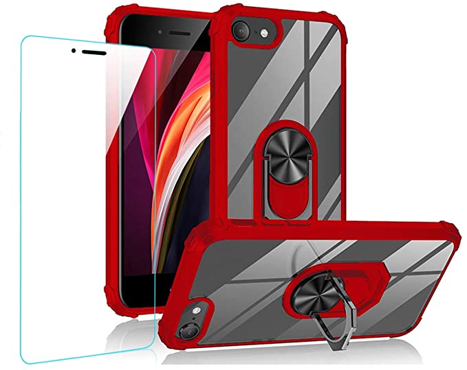 for Apple iPhone SE 2020 Case iPhone 8 Case iPhone 7 Cases with Ring Holder Screen Protector Kickstand All-Inclusive Thickened Anti-Fall Hard Pc Clear Back Shell Ring Magnetic Car Mount (Red)