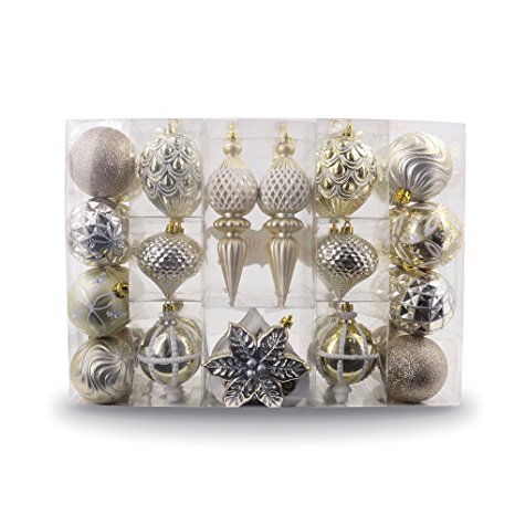 Valery Madelyn 50 Set Luxury Collection Gold Beige Shatterproof Christmas Ball Ornaments,50 Metal Hooks Included