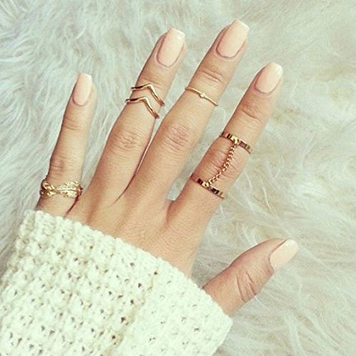 BABEYOND 6pcs Stack Rings Leaf V Rhinestone Joint Rings Knuckle Nail Ring Set (Gold)