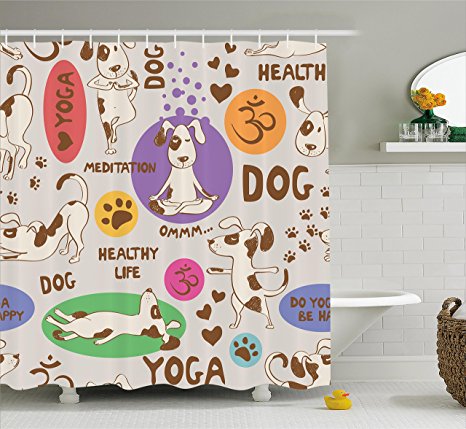 Ambesonne Dog Lover Decor Collection, Funny Pattern with Cartoon Dog Doing Yoga Position Bending Stretching Fit , Polyester Fabric Bathroom Shower Curtain Set with Hooks, Beige Purple Green