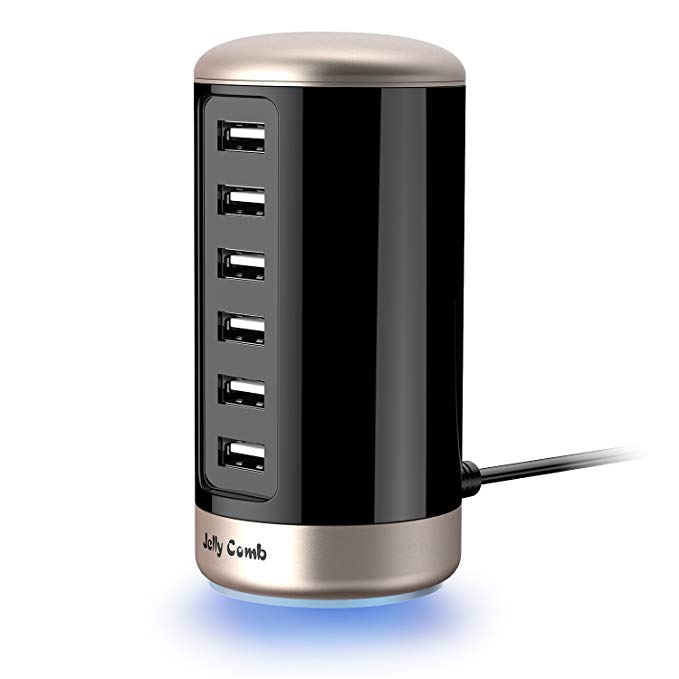 USB Charger, Multi USB Wall Charger : Jelly Comb Universal 6-Port Desktop USB Charging Station with Smart Identification for Phones, Tablets, Bluetooth Speakers and More (Champaign Gold)