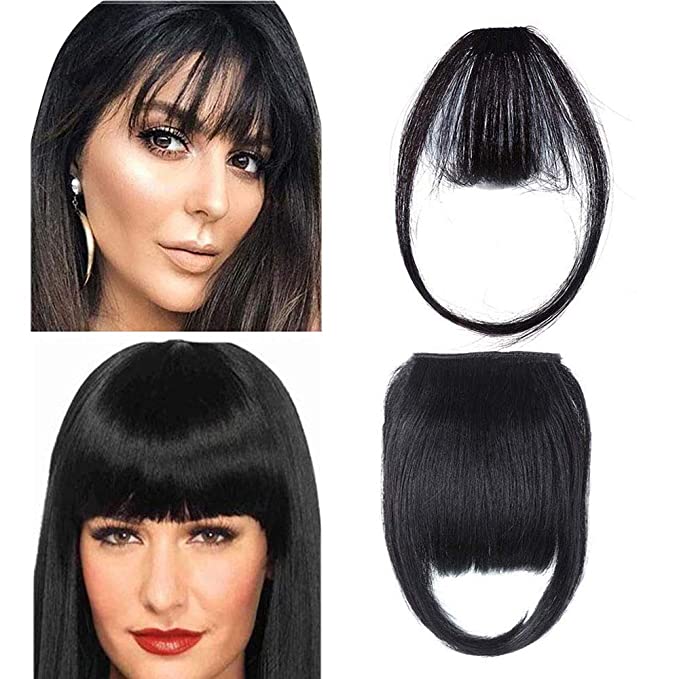 2 Pcs Clip in Bangs Human Hair Extensions Clip on Fringe Neat Bangs Straight Hairpiece Flat Bangs Natural Air Bangs with Temples for Women (Color: Black)