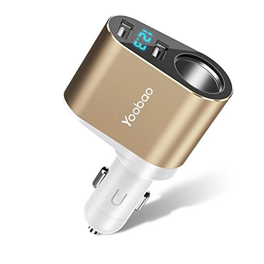 Yoobao Dual USB Car Charger Adapter With Cigarette Lighter Socket for iPhone X/ 8/ 8 Plus/ 7/ 7 Plus/ 6s, iPad mini 2/ 3/ 4 / Air/ Pro, Galaxy S8/ S7, LG G5/ G6/ V20 and More - Gold