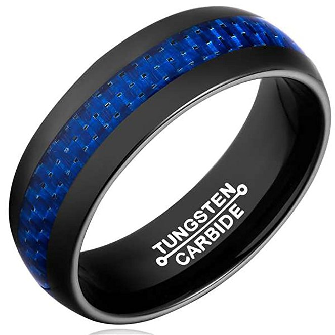 8mm Men's Black Tungsten Carbide Engagement Ring Wedding Band Blue Carbon Fiber Inlay Comfort Fit