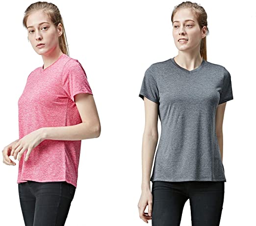 DEVOPS Women's 2-Pack Cool Stretch Performance Active Workout Short Sleeve V-Neck T-Shirts