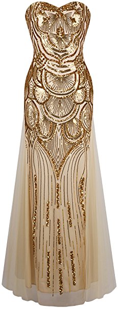 Angel-fashions Women's Sequin Strapless Sweetheart Mesh Lace up Banquet Dress