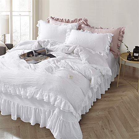 MooWoo Ruffle Duvet Cover Set, Soft and Breathable Washed Microfiber 3pcs Bedding Set, Shabby Chic Farmhouse Duvet Cover and Pillow Shams, Zipper Closure & Corner Ties, Simple, Easy Care - King, White