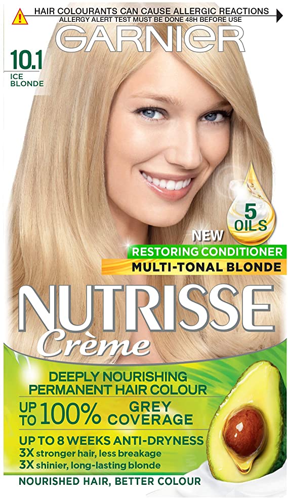 Garnier Nutrisse Blonde Hair Dye Permanent, Up to 100 Percent Grey Hair Coverage, with 5 Oils Conditioner - 10.1 Ice Blonde