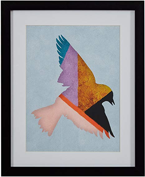 Rivet Color Blocking Geometric Purple, Teal, Gold Bird Print Wall Art in Black Frame, 18" x 22"