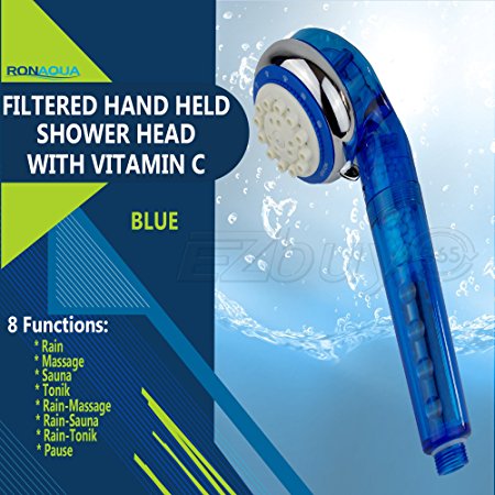 Filtered Hand Held Shower Head with Vitamin C by Ronaqua, Filter Removes Hard Water and Chlorine, prevents Dry Skin and Hair, 8 settings, Water Saving, Easy To install (Blue)