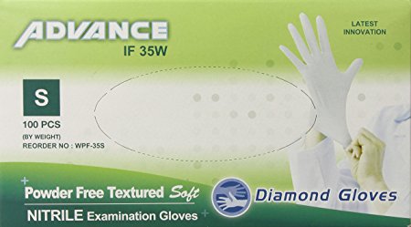 Diamond Gloves Advance Powder-Free Textured Soft Nitrile Examination Gloves, White, Small, 3.9 Mil, 100 Count