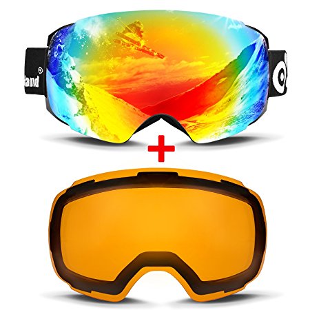 ODOLAND Ski Goggles with Magnetic Detachable Lens Design – for Adult Man & Woman - Mirror Coating UV400 Protection and Anti-Fog Lens– Double Spherical Lens Comfortable for Sunny and Cloudy Days