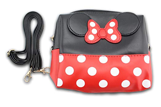 Finex Minnie Mouse Bow Ears Polka dots Cosmetic bag Handbag w/ Detachable Strap - Multifunction Zippered Travel Makeup Purse (Rectangular, Red/Black)