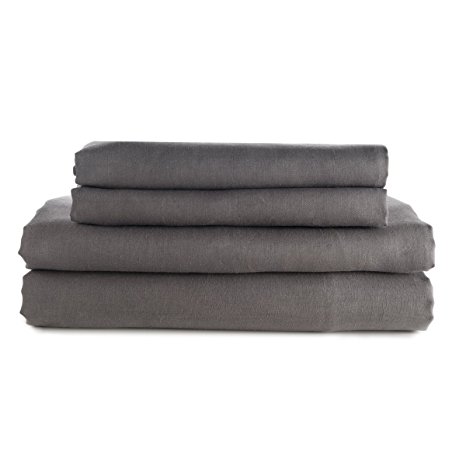 European Made Pure Linen Sheets Set (Flat, Fitted and 2 Pillowcases). 100% Fine Organic and Natural Flax (Queen, Stone Gray)